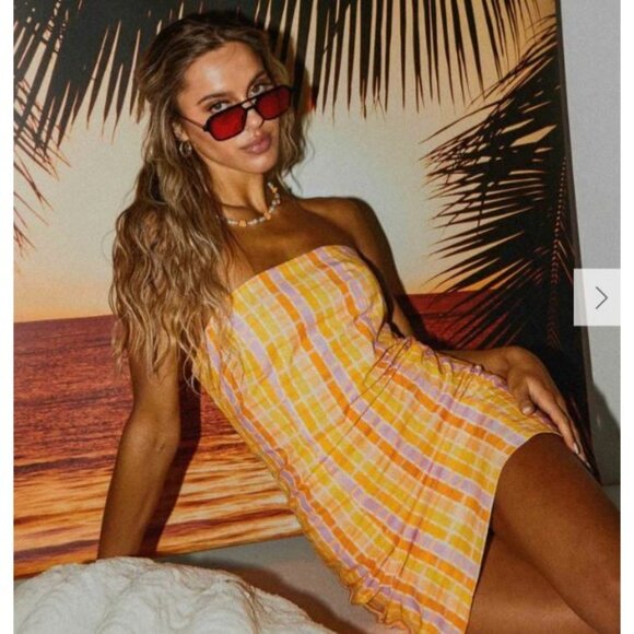 Peppermayo Girls Lunch Tube Mini Dress Splice Check Pattern Linen Blend US 6 - Picture 12 of 12